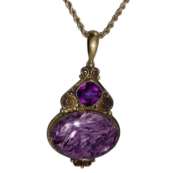 Natural Charoite Purple Amethyst Pendant Channel Set Sterling Silver Signed - Picture 2 of 11